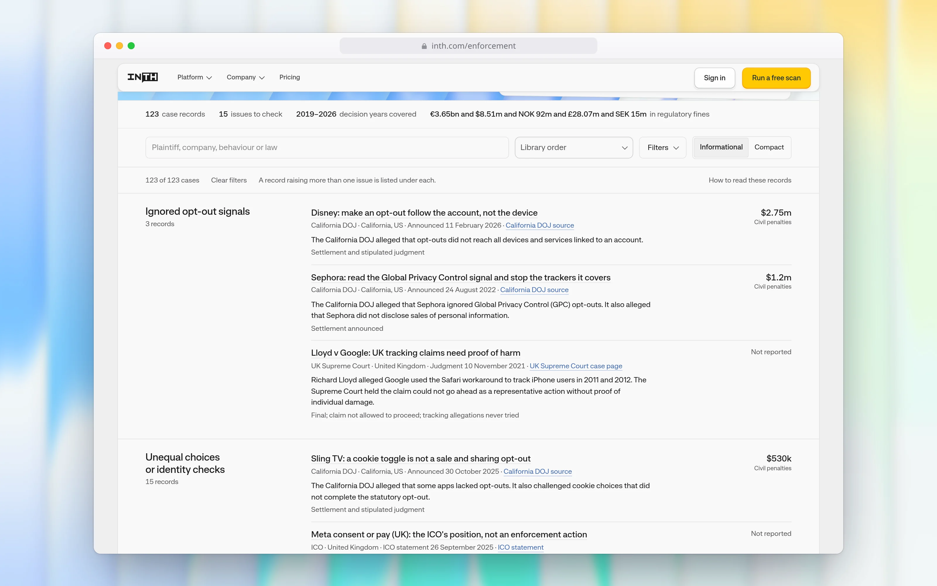 The Inth enforcement library hub, with headline counts of 123 case records and 15 issues to check, a search box and filters, and the first two groups of cases below