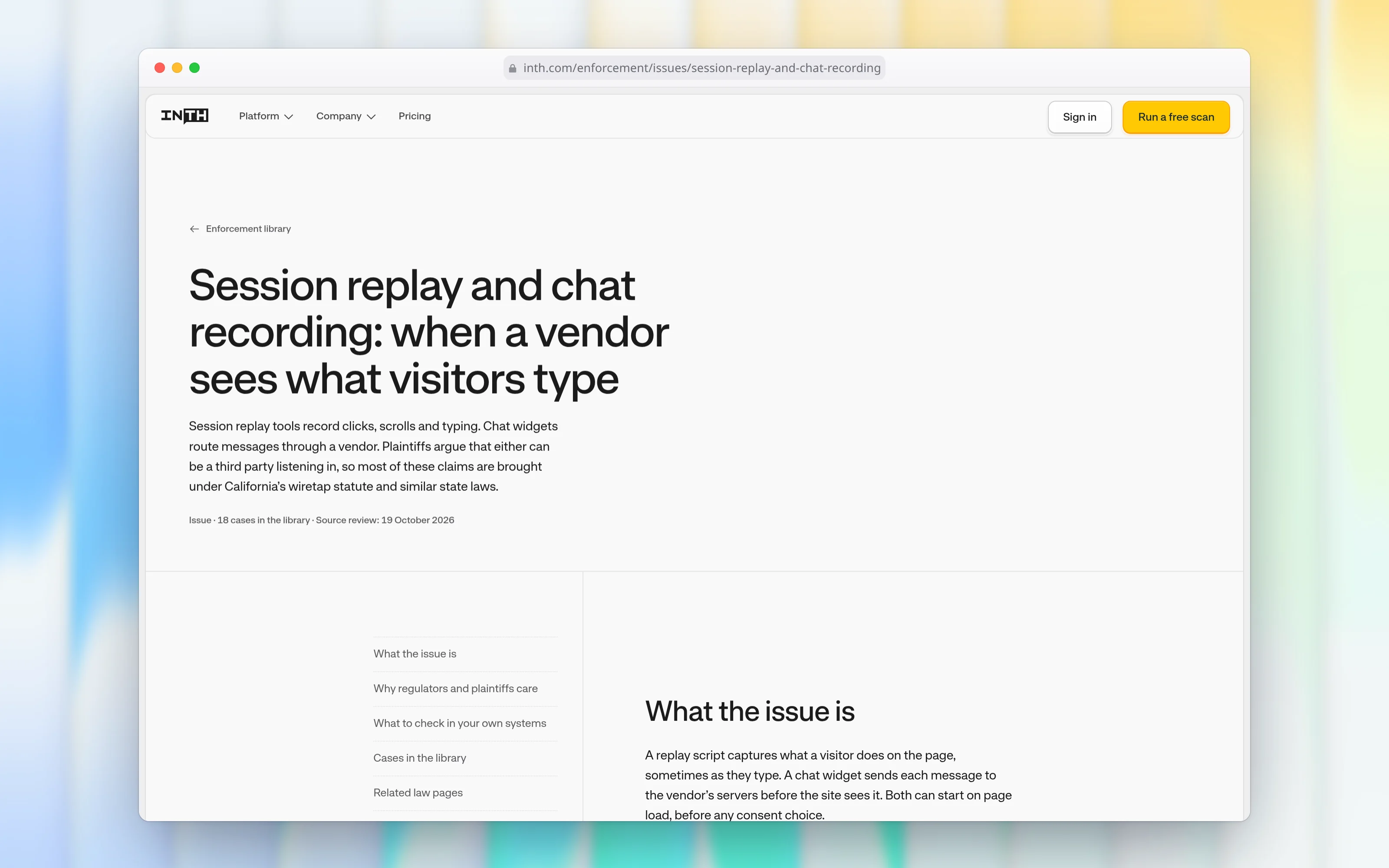 The session replay and chat recording issue page, titled when a vendor sees what visitors type, with a short explanation and a note that 18 cases in the library carry this issue